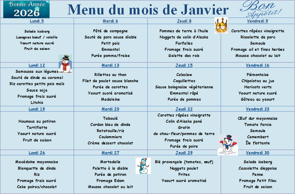 Menu Janvier